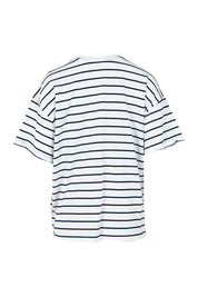 Product shot of the Fundamental Winona Stripe Cotton Tee in colour Whitenavy (White), from the back