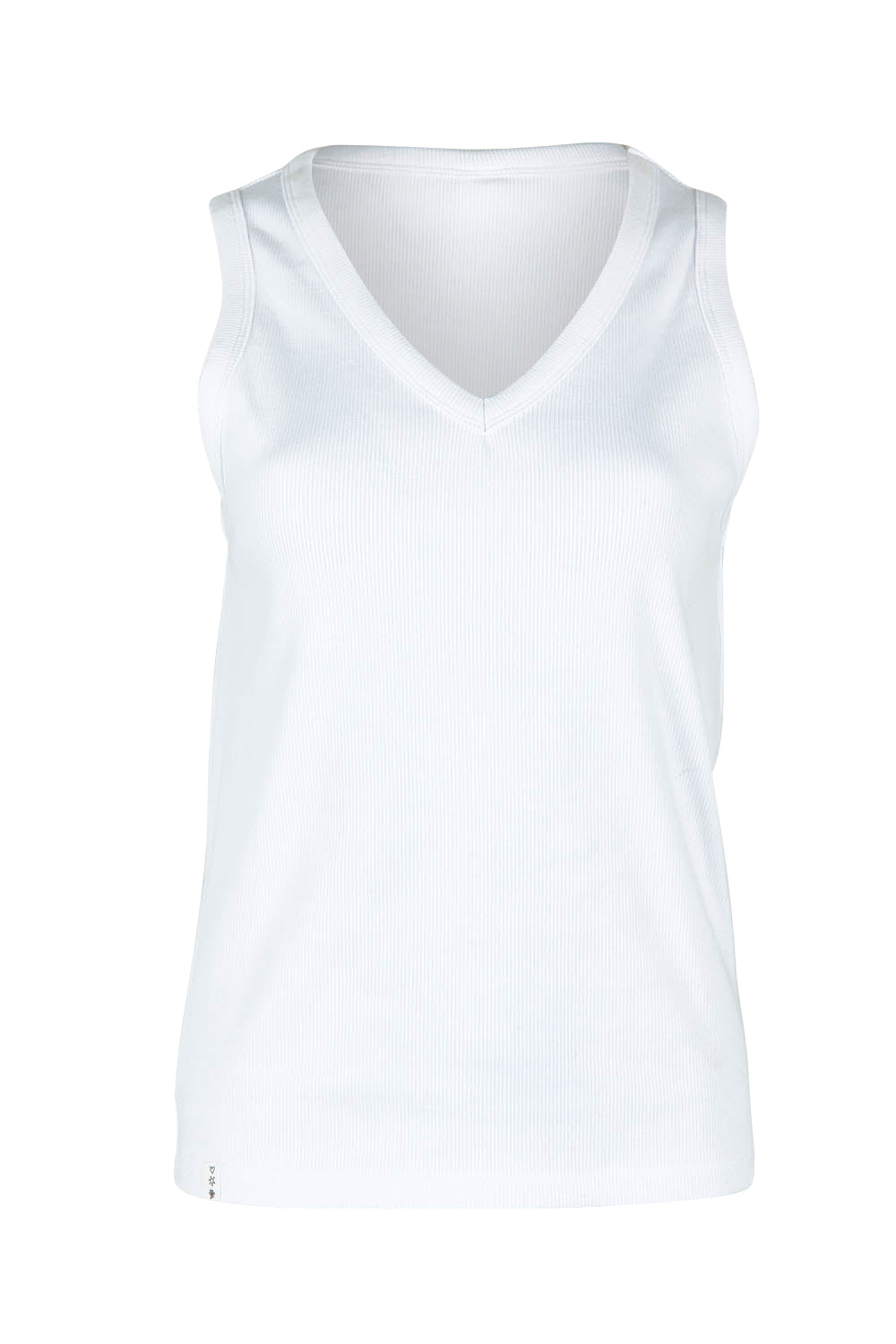 Product shot of the Fundamental Rib Cotton Vee Tank in colour White (White), from the front