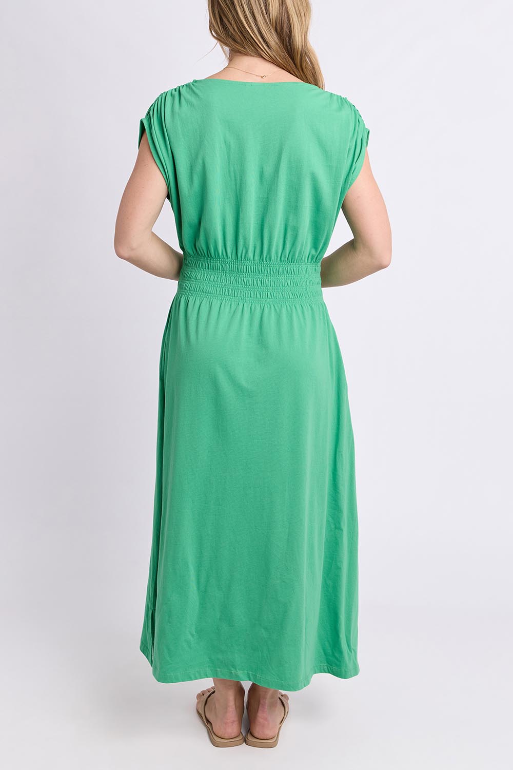Model Genericm wearing size sample of the Fundamental Nelle Cotton Midi Dress – Greenbriar in colour Greenbriar, from the front