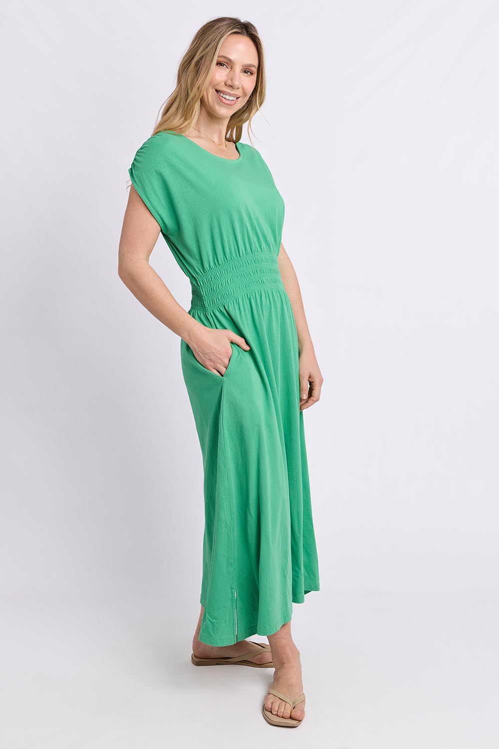 Model Genericm wearing size sample of the Fundamental Nelle Cotton Midi Dress – Greenbriar in colour Greenbriar, from the front