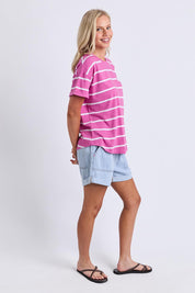 Model Genericm wearing size sample of the Fundamental Halli Cotton Short Sleeve Tee - Magentawht in colour Magentawht, from the front