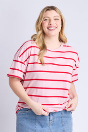A model wearing the Fundamental Halli Cotton Short Sleeve Tee in colour Pinkladyst (Pink), from the front, cropped image