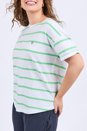 A model wearing the Fundamental Halli Cotton Short Sleeve Tee in colour Whitegreen (White), from the front, cropped image