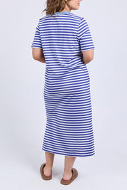 A model wearing the Fundamental Merry Cotton Tee Dress in colour Bluewhite (Blue), from the front, cropped image