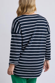A model wearing the Fundamental Annie 3/4 Slv Stripe CottonTee in colour Navywhtstr (Blue), from the back