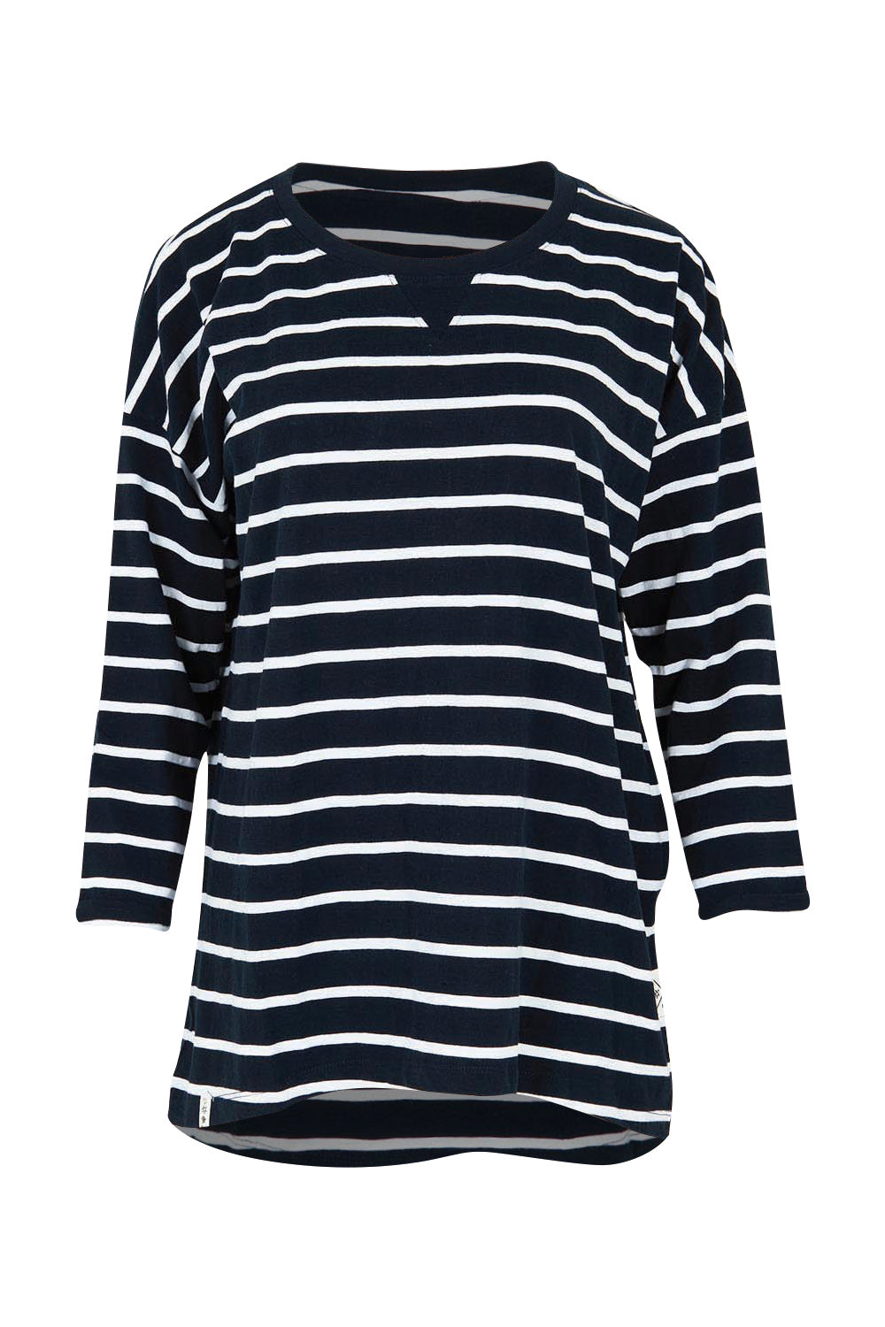 Product shot of the Fundamental Annie 3/4 Slv Stripe CottonTee in colour Navywhtstr (Blue), from the front
