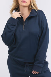 A model wearing the Fundamental Tatum Half Zip Cotton Blend Sweat in colour Navy (Blue), from the front, cropped image