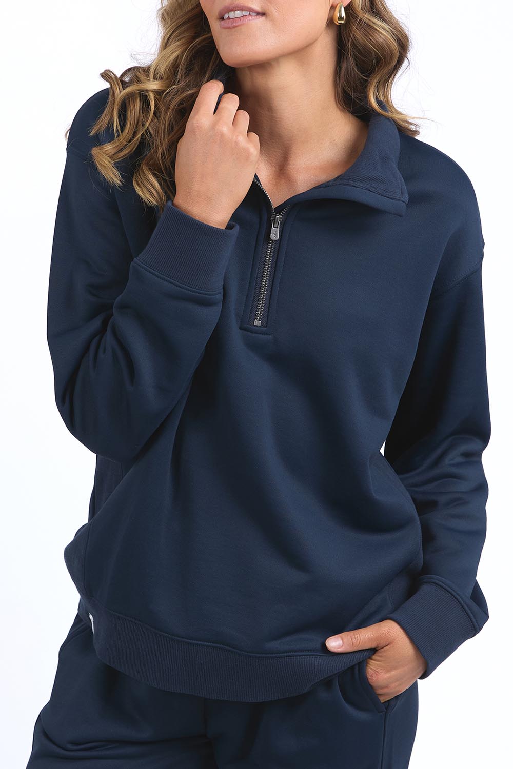 A model wearing the Fundamental Tatum Half Zip Cotton Blend Sweat in colour Navy (Blue), from the front, cropped image