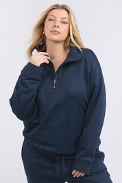 A model wearing the Fundamental Tatum Half Zip Cotton Blend Sweat in colour Navy (Blue), from the front, cropped image