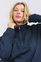 A model wearing the Fundamental Tatum Half Zip Cotton Blend Sweat in colour Navy (Blue), from the front, cropped image