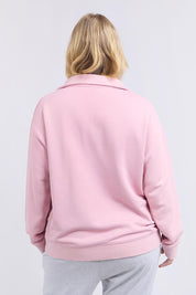 A model wearing the Fundamental Tatum Half Zip Cotton Blend Sweat in colour Softpink (Pink), from the back