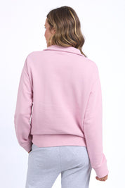 A model wearing the Fundamental Tatum Half Zip Cotton Blend Sweat in colour Softpink (Pink), from the back