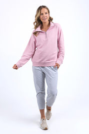 A model wearing the Fundamental Tatum Half Zip Cotton Blend Sweat in colour Softpink (Pink), from the front, showing the whole outfit