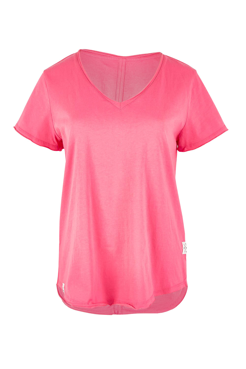 Product shot of the Fundamental Pima Cotton Vee Tee in colour Audorapink (Pink), from the front