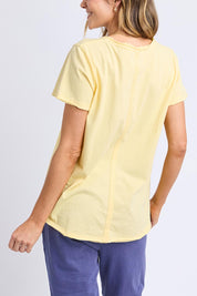 A model wearing the Fundamental Pima Cotton Vee Tee in colour Banana, from the back