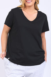A model wearing the Fundamental Pima Cotton Vee Tee in colour Black (Black), from the front, cropped image