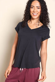 Model Pamelar wearing size 10 of the Fundamental Pima Cotton Vee Tee - Black in colour Black, in a cropped view