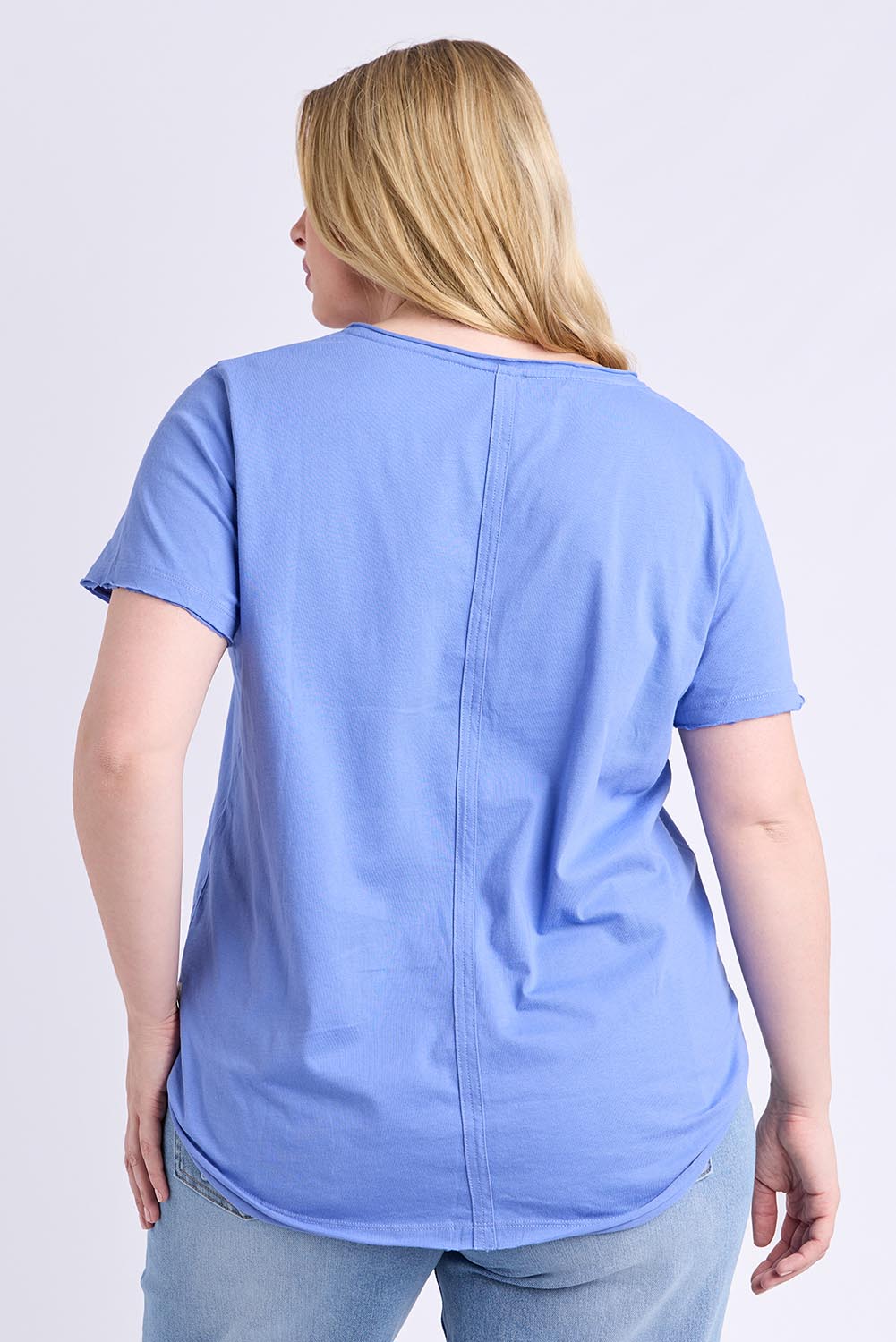 Model Genericm wearing size sample of the Fundamental Pima Vee Tee – Cornflower in colour Cornflower, from the back