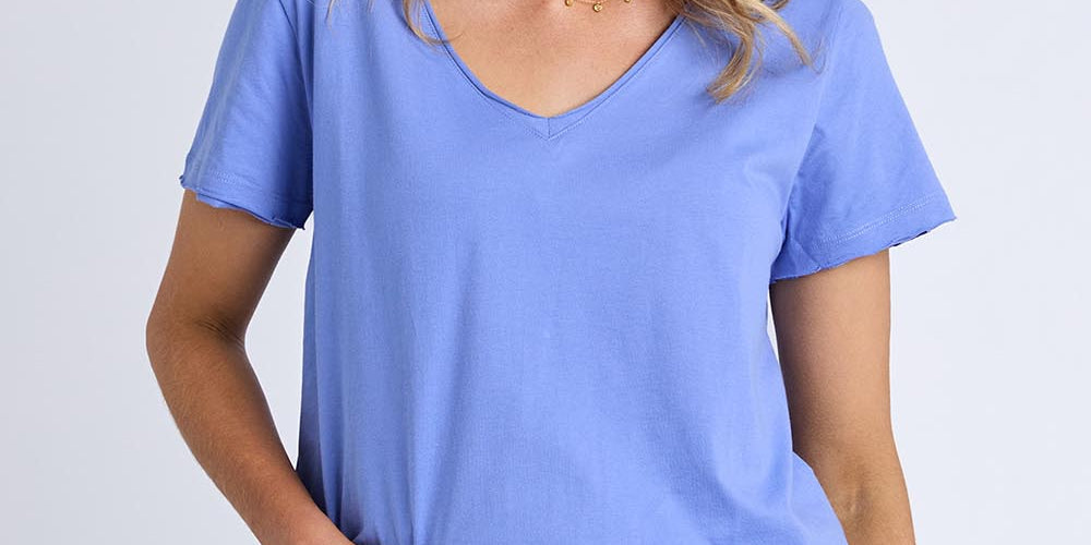 Model Genericm wearing size sample of the Fundamental Pima Vee Tee – Cornflower in colour Cornflower, in a cropped view