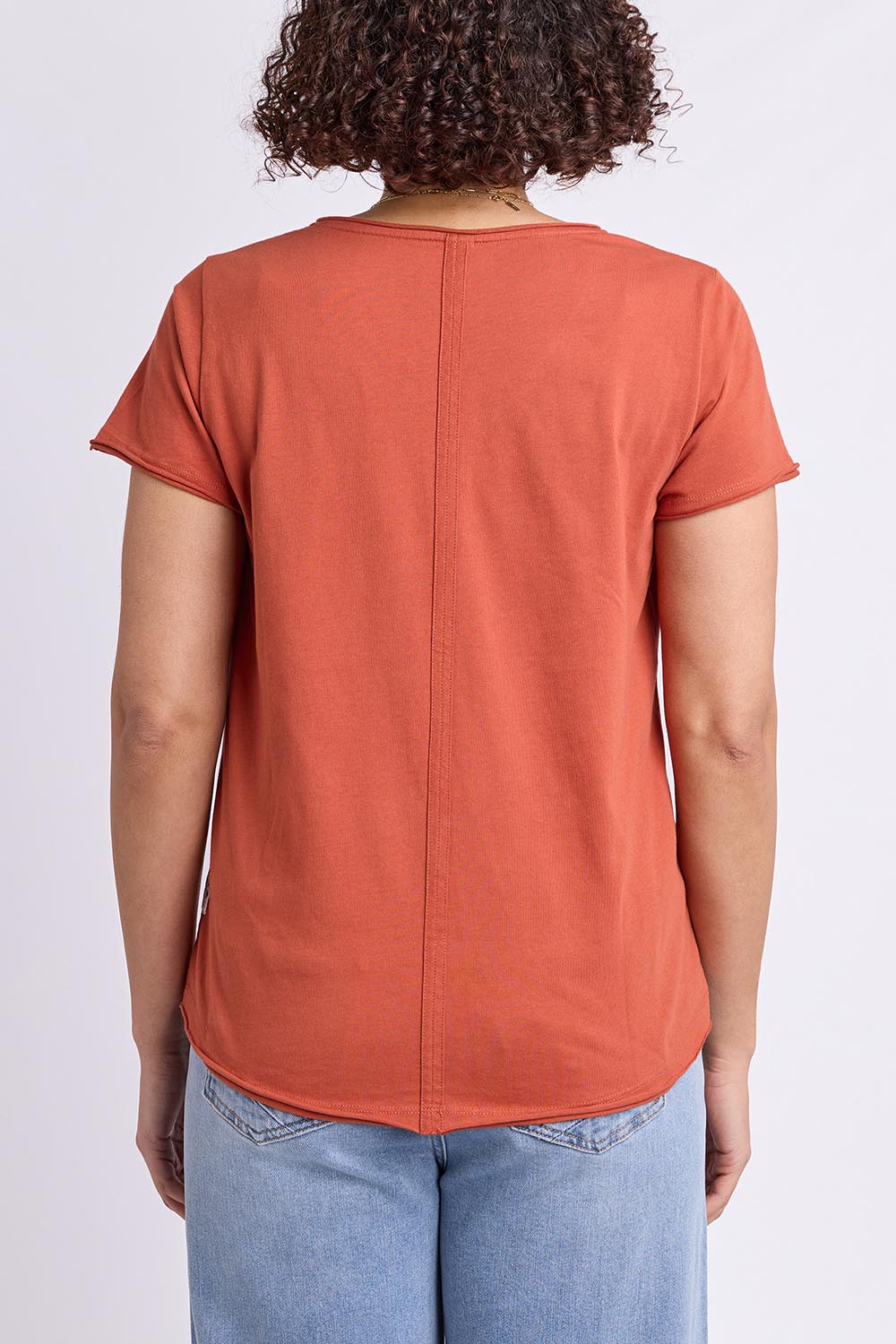 Model Genericm wearing size sample of the Fundamental Pima Vee Tee – Earthbrown in colour Earthbrown, from the back