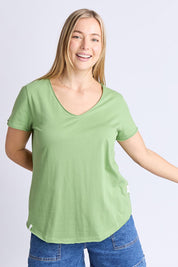 A model wearing the Fundamental Pima Cotton Vee Tee in colour Forest (Green), from the front, cropped image