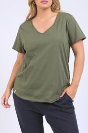 A model wearing the Fundamental Pima Cotton Vee Tee in colour Khaki (Green), from the front, cropped image