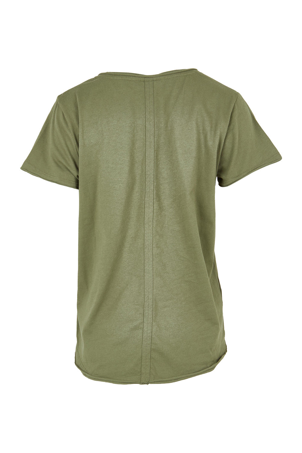 Product shot of the Fundamental Pima Cotton Vee Tee in colour Khaki (Green), from the back