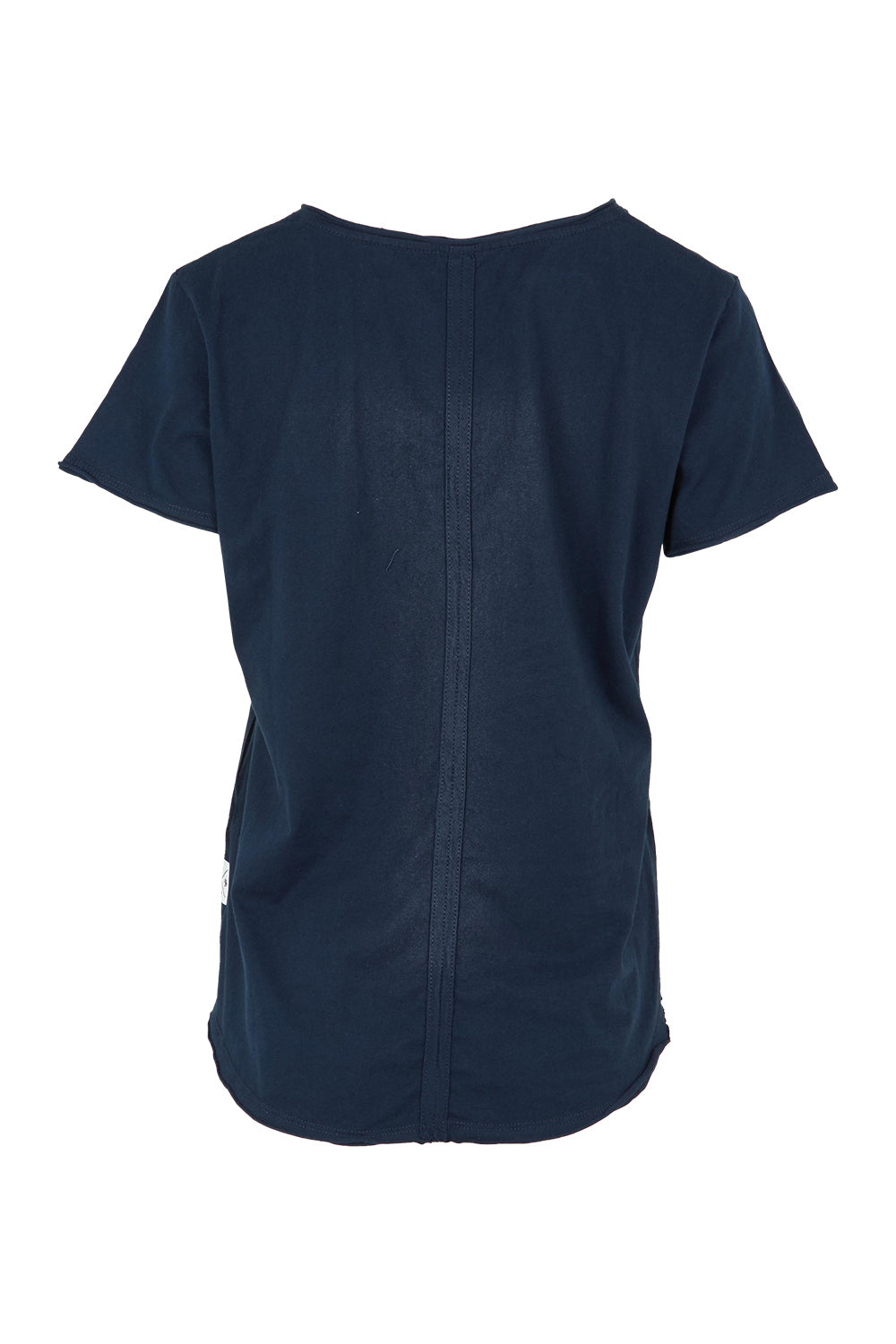 Product shot of the Fundamental Pima Cotton Vee Tee in colour Navy (Blue), from the back