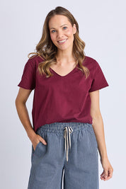 A model wearing the Fundamental Pima Cotton Vee Tee in colour Plum (Purple), from the front, cropped image