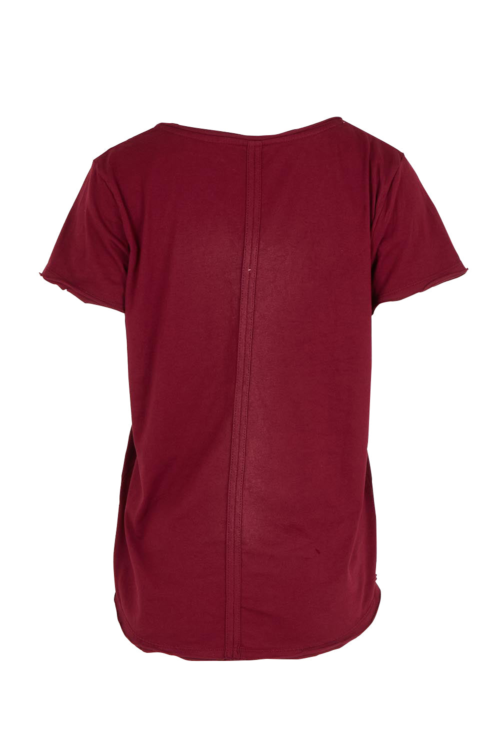 Product shot of the Fundamental Pima Cotton Vee Tee in colour Plum (Purple), from the back