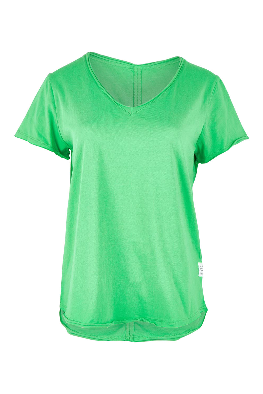 Product shot of the Fundamental Pima Cotton Vee Tee in colour Springgree (Green), from the front