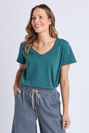 A model wearing the Fundamental Pima Cotton Vee Tee in colour Teal (Green), from the front, cropped image