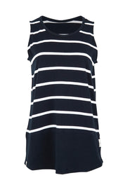 Product shot of the Fundamental Rib Stripe Cotton Tank in colour Navystripe (Blue), from the front