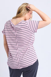 A model wearing the Fundamental Pima Cotton Stripe Vee Tee in colour Pinknavy (Pink), from the back