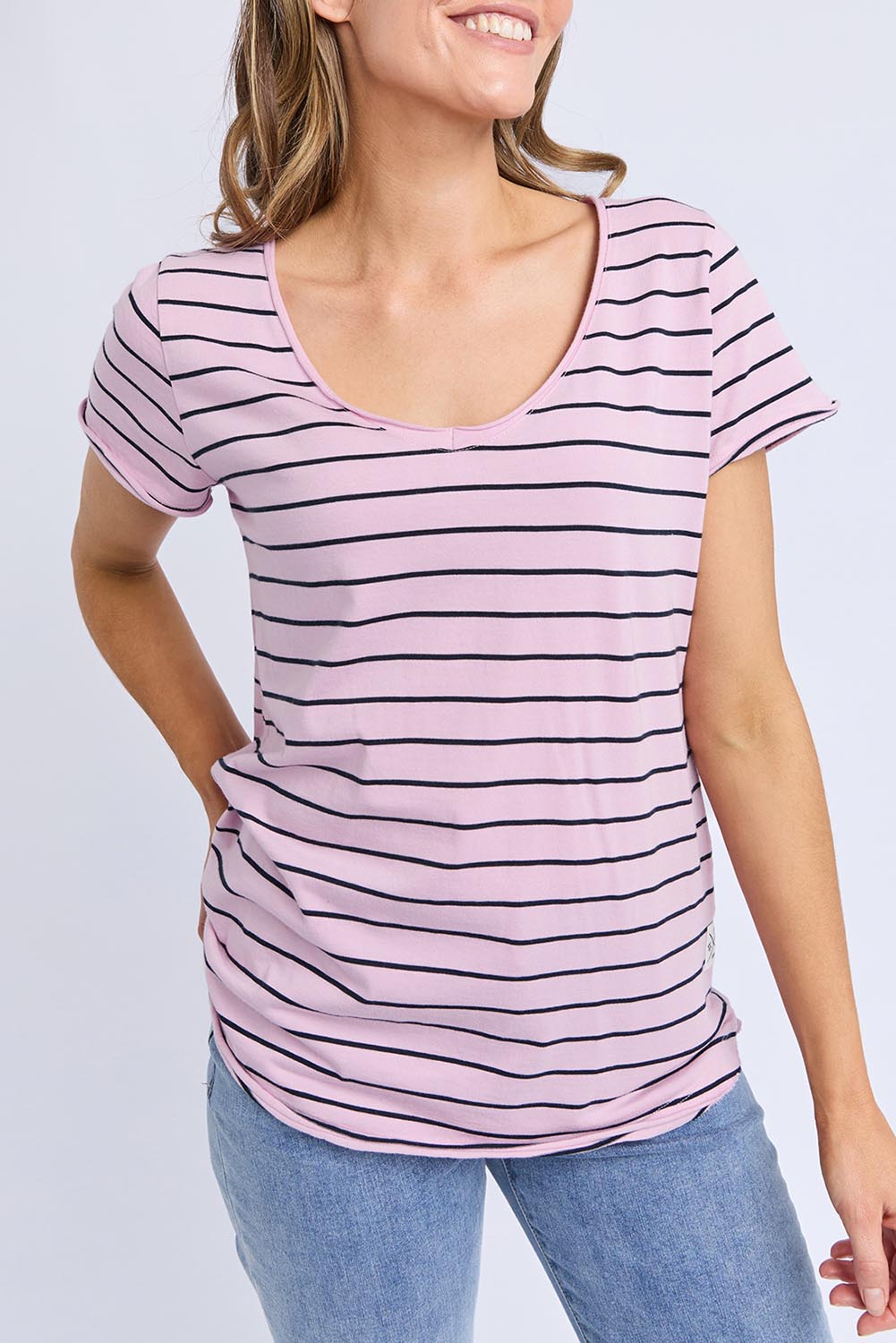 A model wearing the Fundamental Pima Cotton Stripe Vee Tee in colour Pinknavy (Pink), from the front, cropped image