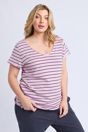 A model wearing the Fundamental Pima Cotton Stripe Vee Tee in colour Pinknavy (Pink), from the front, cropped image