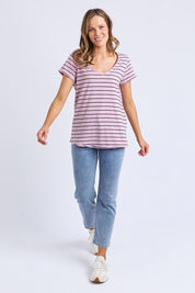 A model wearing the Fundamental Pima Cotton Stripe Vee Tee in colour Pinknavy (Pink), from the front, showing the whole outfit