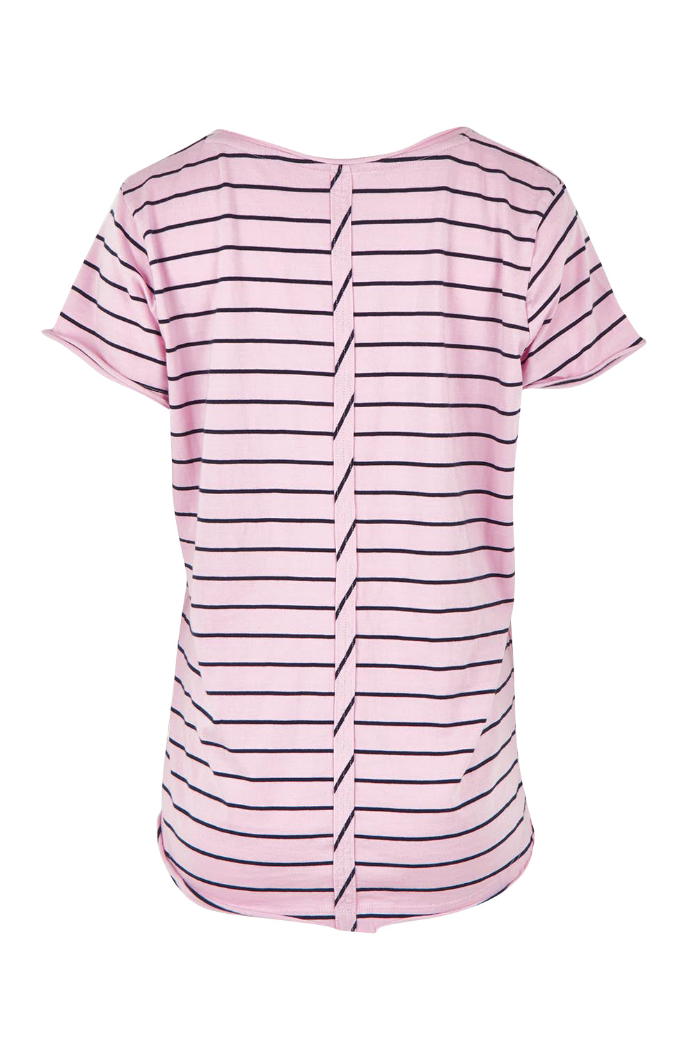 Product shot of the Fundamental Pima Cotton Stripe Vee Tee in colour Pinknavy (Pink), from the back