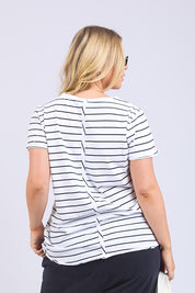 A model wearing the Fundamental Pima Cotton Stripe Vee Tee in colour Whitenavy (White), from the back