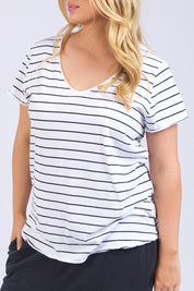 A model wearing the Fundamental Pima Cotton Stripe Vee Tee in colour Whitenavy (White), from the front, cropped image