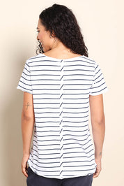 Model Pamelar wearing size 10 of the Fundamental Pima Cotton Stripe Vee Tee - Whitenavy in colour Whitenavy, from the back
