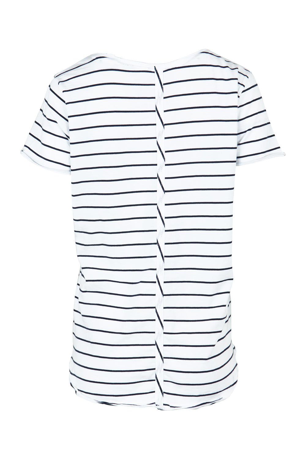Product shot of the Fundamental Pima Cotton Stripe Vee Tee in colour Whitenavy (White), from the back