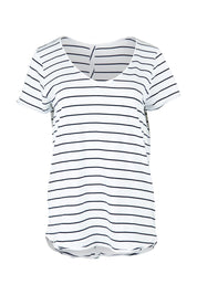 Product shot of the Fundamental Pima Cotton Stripe Vee Tee in colour Whitenavy (White), from the front