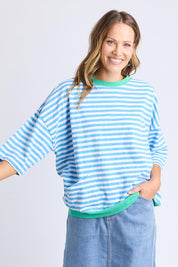A model wearing the Fundamental Mazie Ringer Cotton Sweat in colour Azurewhite (Blue), from the front, cropped image