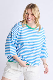 A model wearing the Fundamental Mazie Ringer Cotton Sweat in colour Azurewhite (Blue), from the front, cropped image