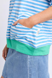A model wearing the Fundamental Mazie Ringer Cotton Sweat in colour Azurewhite (Blue), from the front, cropped image