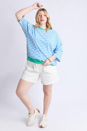 A model wearing the Fundamental Mazie Ringer Cotton Sweat in colour Azurewhite (Blue), from the front, showing the whole outfit