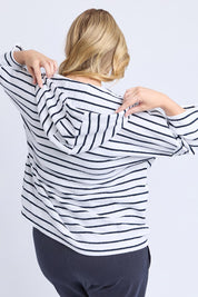 A model wearing the Fundamental Beachy Cotton Hoodie in colour Whitenavy (White), from the back