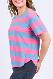 A model wearing the Fundamental Spritz Stripe Ss Cotton Tee in colour Bluepink (Blue), from the front, cropped image