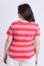 A model wearing the Fundamental Spritz Stripe Ss Cotton Tee in colour Cayennrose (Pink), from the back